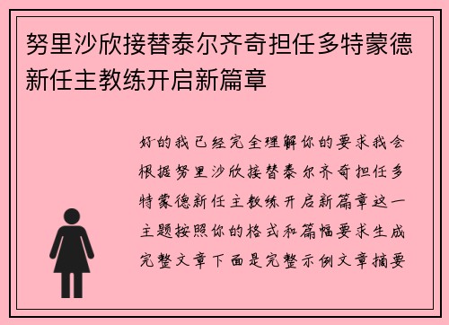 努里沙欣接替泰尔齐奇担任多特蒙德新任主教练开启新篇章